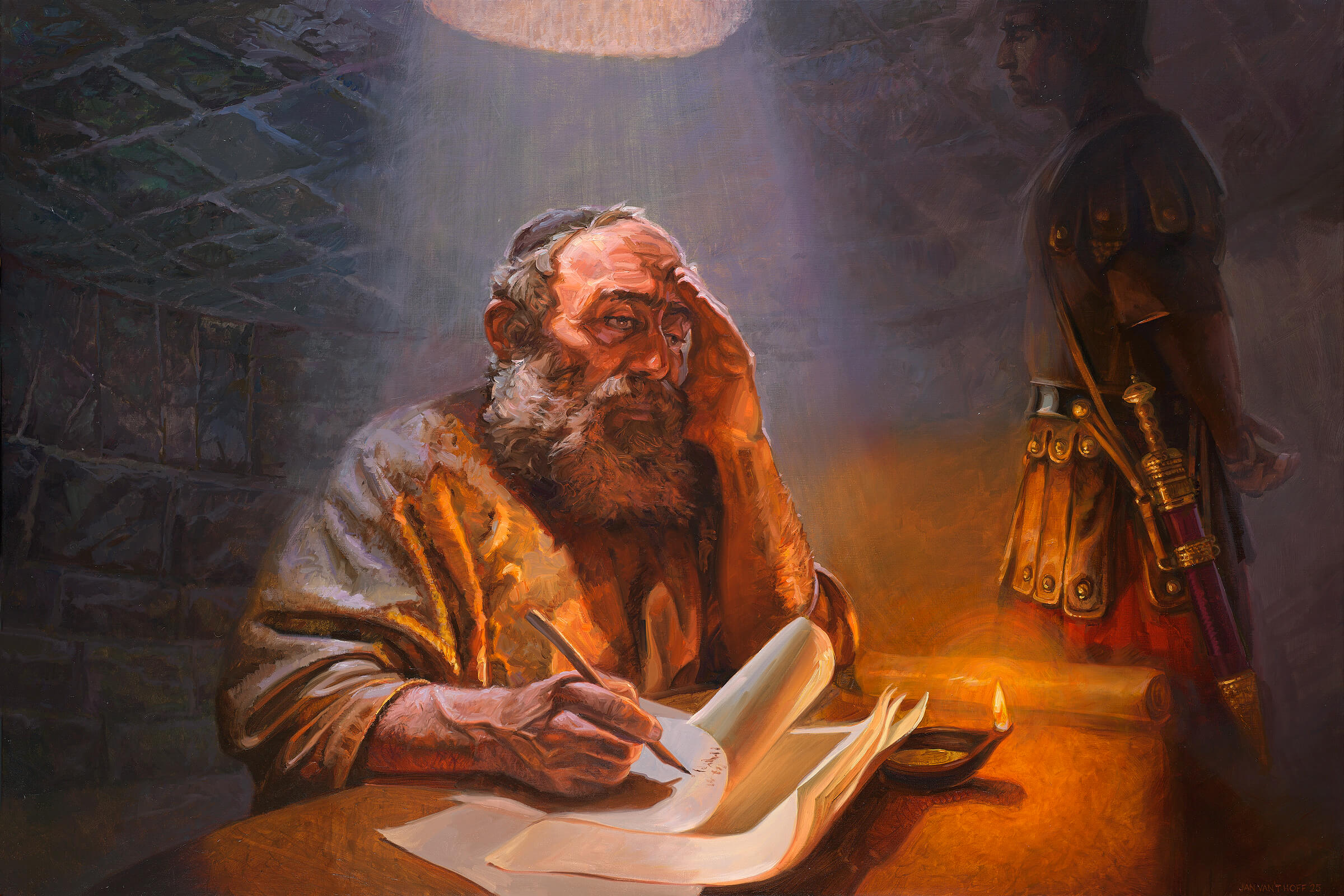 Paulus schrijvend in de gevangenis